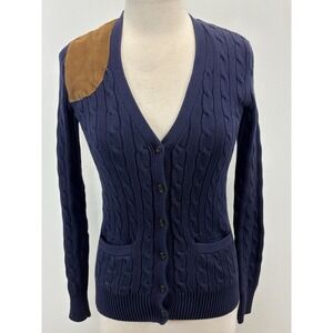 Vtg Ralph Lauren Cableknit Cardigan Sweater Women's XS Navy Blue Suede Patch 90s
